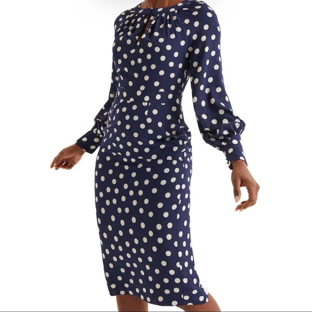 Boden Portia dress in navy polka dot, 12L